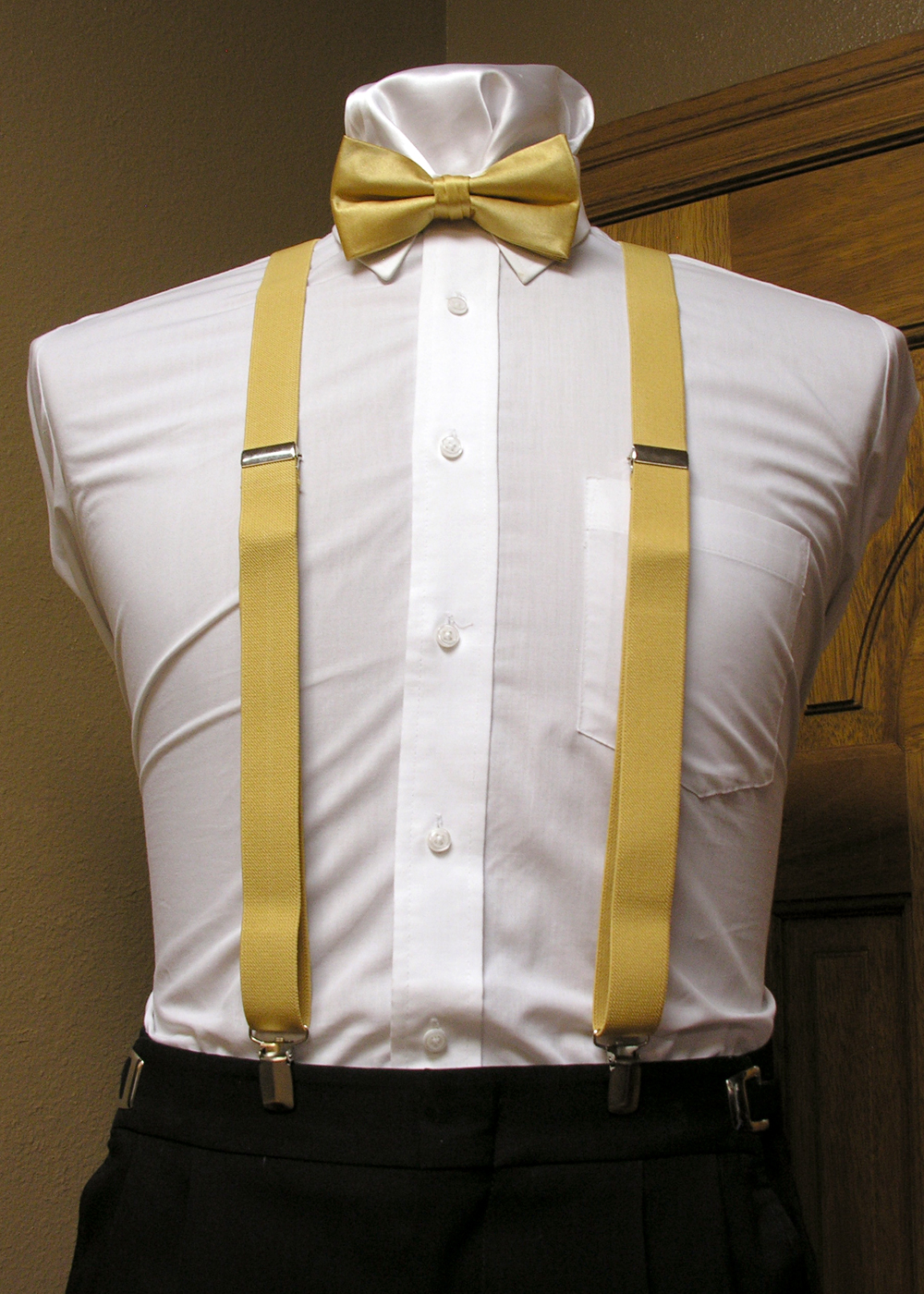 Gold Matching Bow Tie and Suspender set 1" Men's X Back Clip Spencer J's