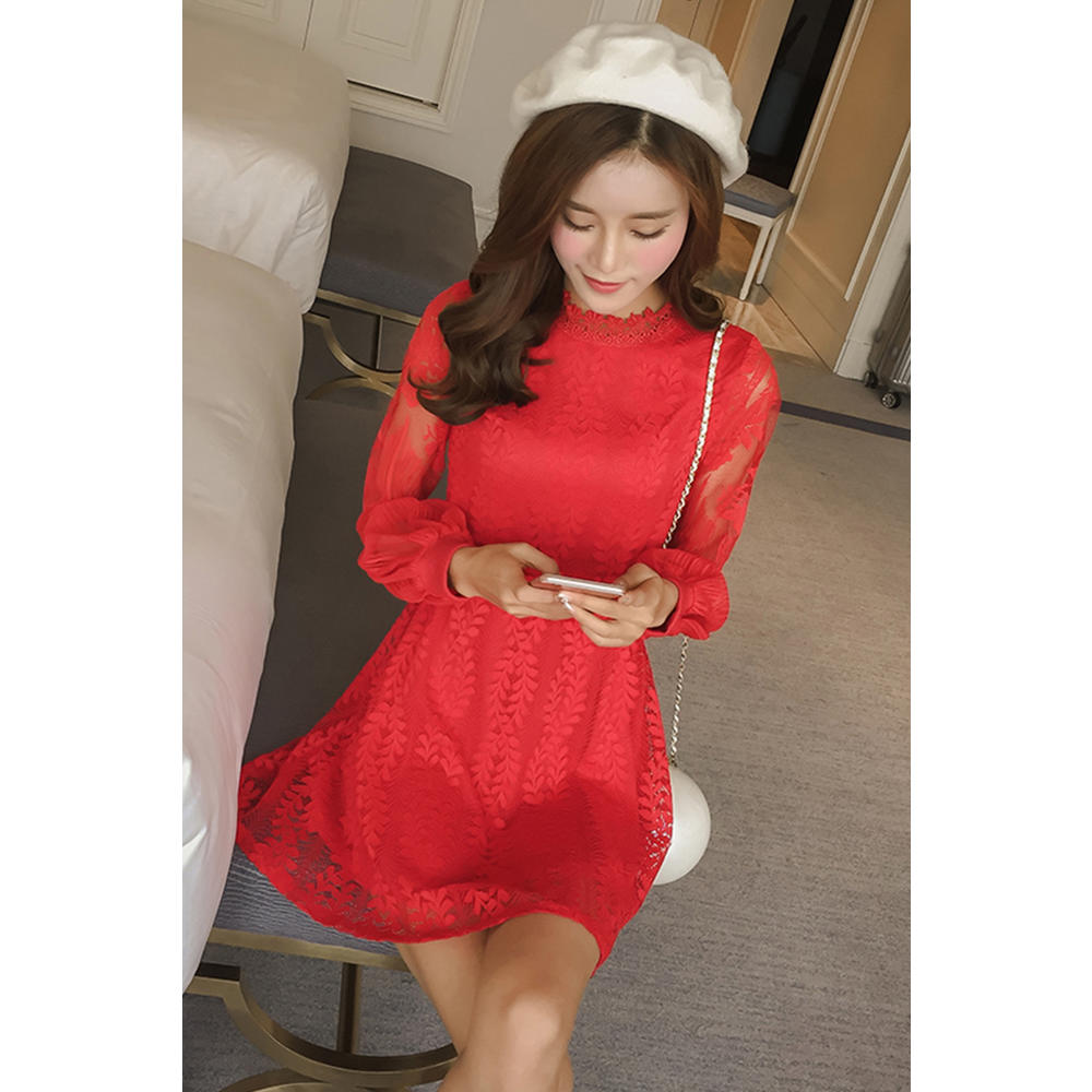 Jhon Peters Women Long Sleeves Fastening Waist Style Skater Dress Red