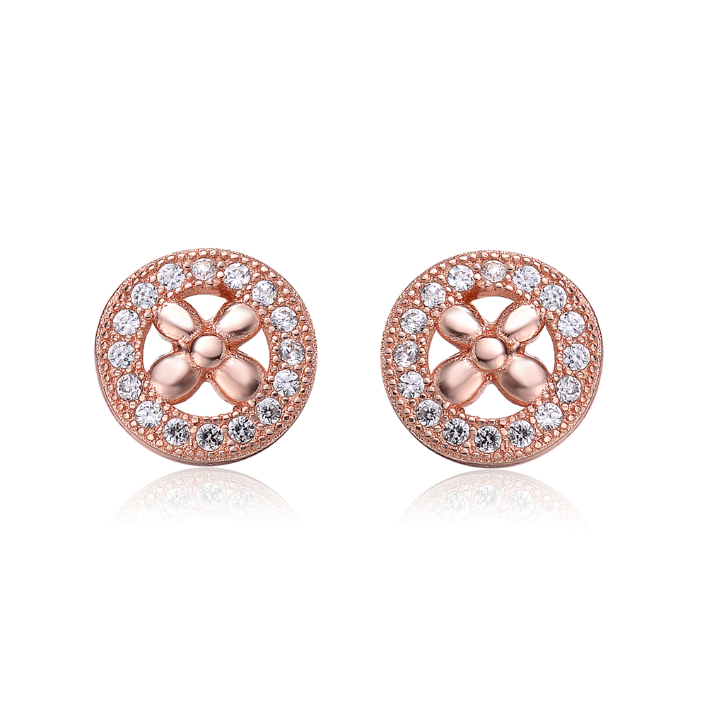 Alphabetdeal C.Z. Rozzato Jewelry Sterling Silver Rose Plated Outlined Circle Flower Design Earrings