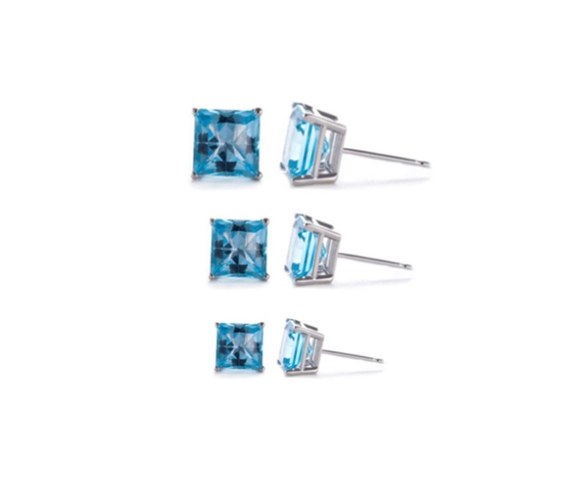 iParis Sterling Silver princess 3 Pair Blue 4MM Cubic Zirconia Stud Earrings