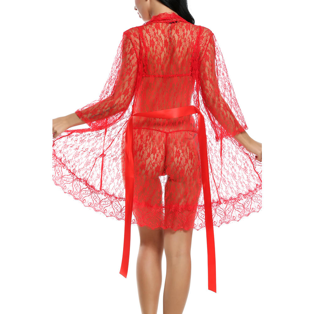 &nbsp; Women's Sleepwear 4pcs Lingerie Set Lace Robe Unlined Bra G-string Nightwear Sleepwear