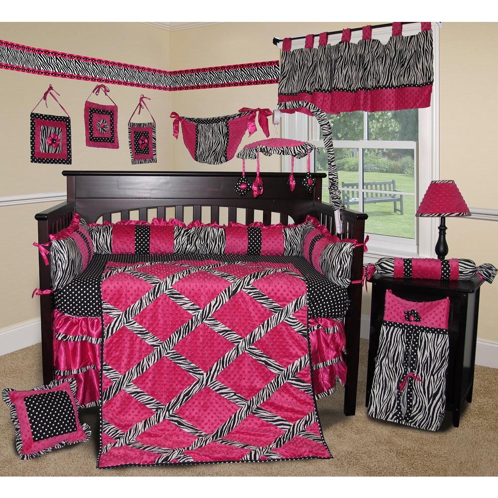 Custom Baby Bedding - Hot Pink Zebra 13 Pcs Crib Bedding