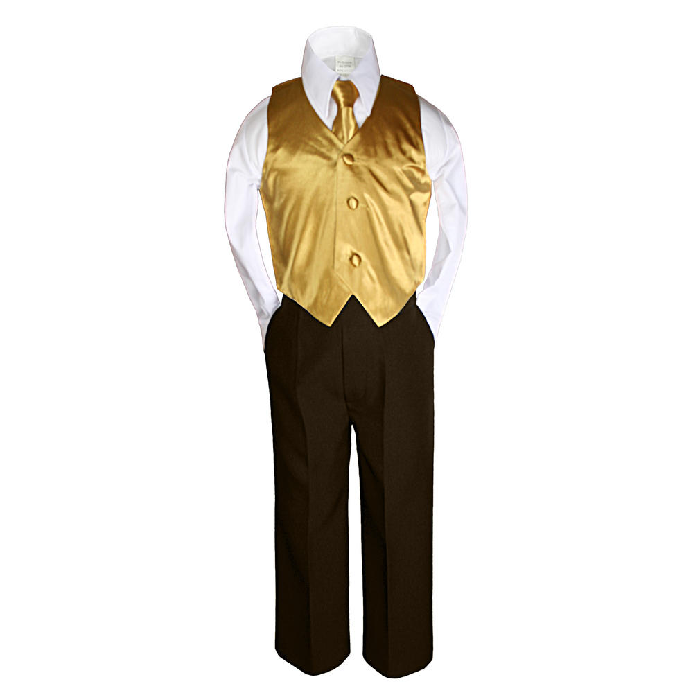 Leadertux 7pc S M L XL 2T 3T 4T Baby Toddler Boys Brown Suits Tuxedo Formal Wedding Party Outfits Extra Gold Necktie Vest Set