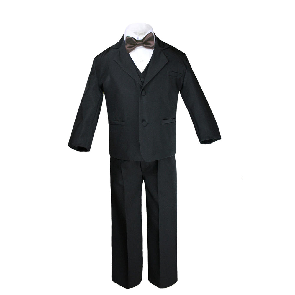 Leadertux 6pc 5 6 7 8 10 12 14 16 18 20 Kid Teen Boys Black Suits Tuxedo Formal Wedding Party Outfits Extra Brown Bow Tie Set