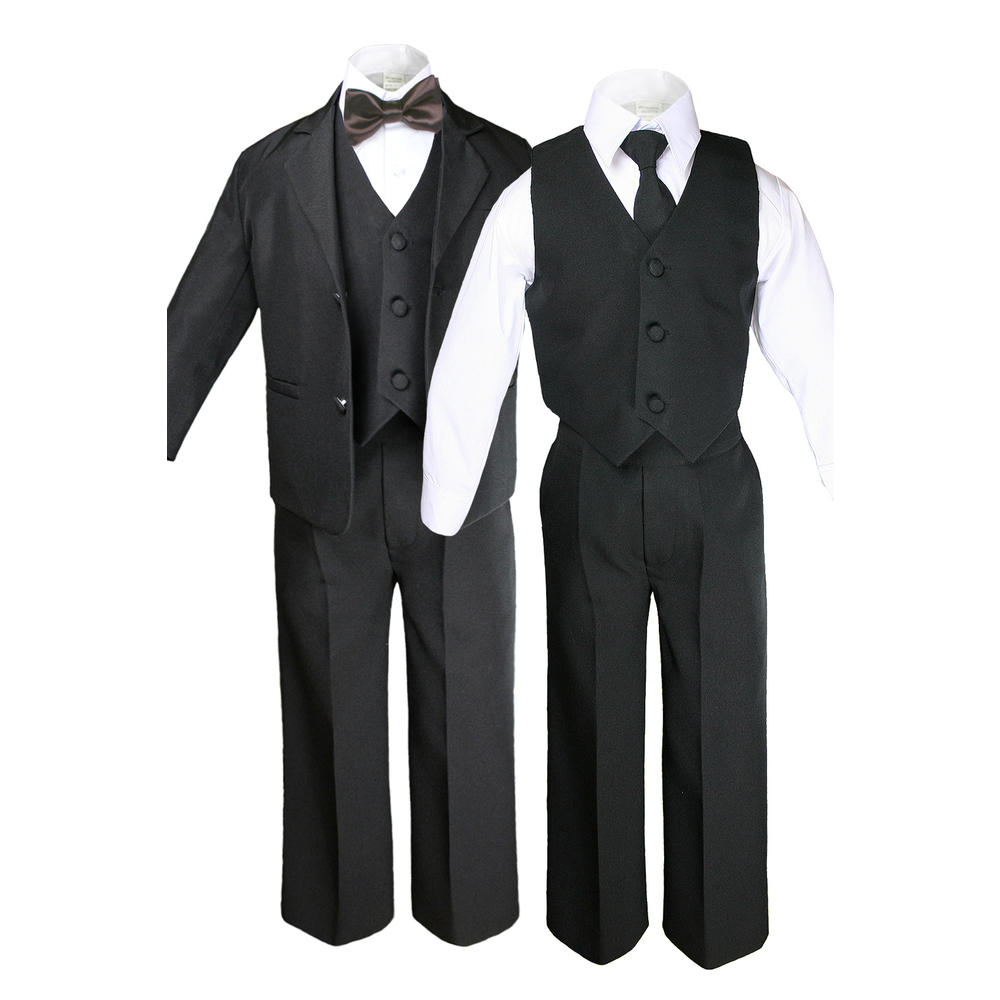 Leadertux 6pc 5 6 7 8 10 12 14 16 18 20 Kid Teen Boys Black Suits Tuxedo Formal Wedding Party Outfits Extra Brown Bow Tie Set