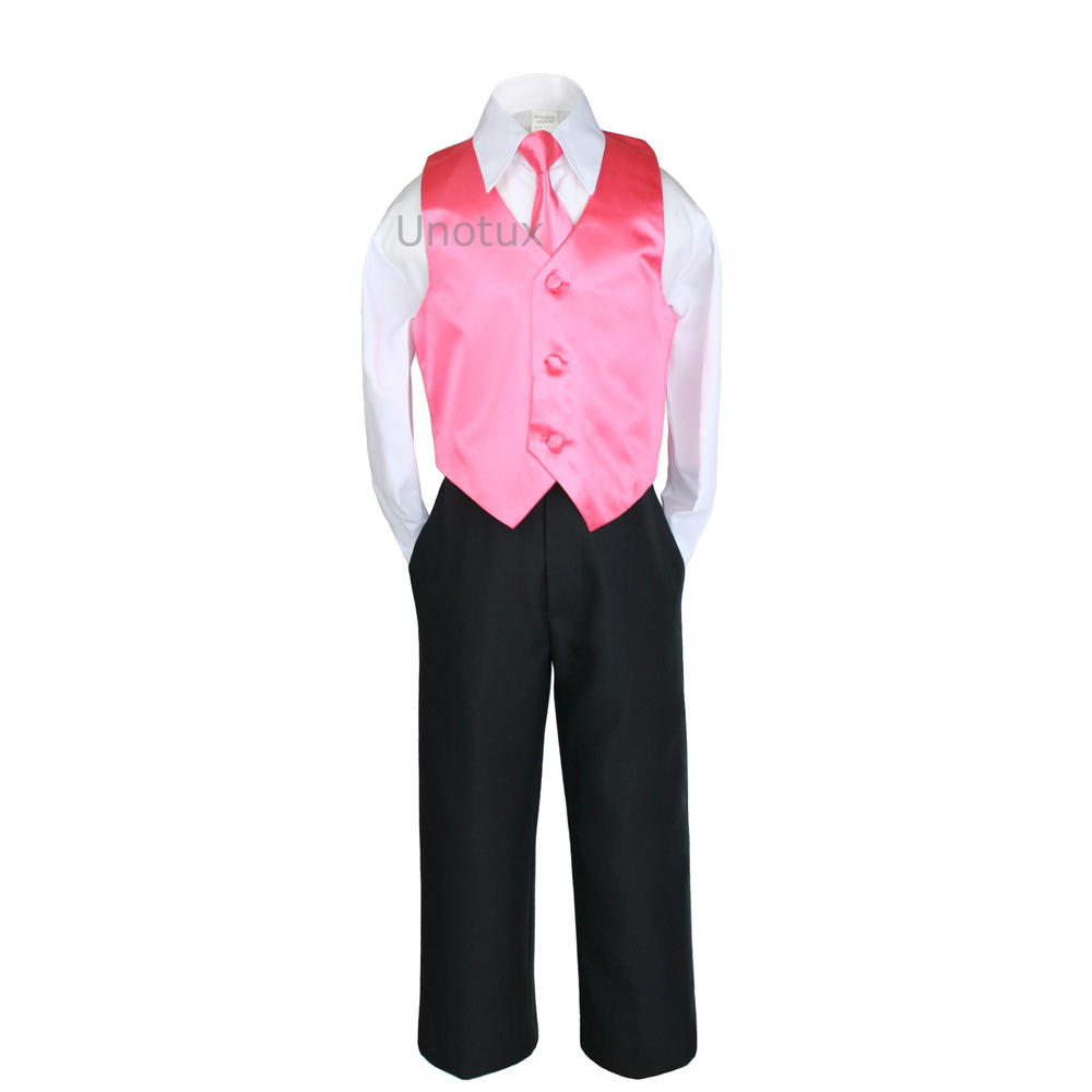 Leadertux 7pc S M L XL 2T 3T 4T Baby Toddler Boys Black Suits Tuxedo Formal Wear Wedding Outfit Coral Necktie Vest Set