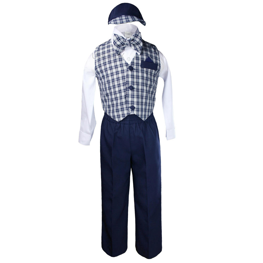 Leadertux S M L XL 2T 3T 4T Navy Baby Infant Toddler 5pc Formal Winter Wedding Vest Pants Set Checkered Boy Suit Bow Tie