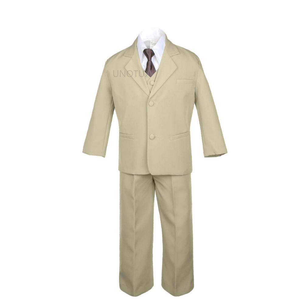 Leadertux 6pc 5 6 7 8 10 12 14 16 18 20 Kid Teen Boys Khaki Suits Tuxedo Formal Wedding Party Outfits Extra Brown Necktie Set