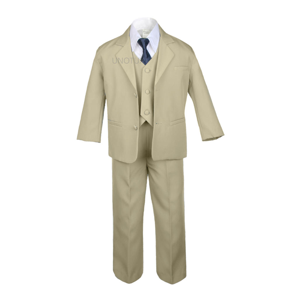 Leadertux 6pc S M L XL 2T 3T 4T Baby Toddler Boys Khaki Suits Tuxedo Formal Wedding Party Outfits Extra Navy Necktie Set