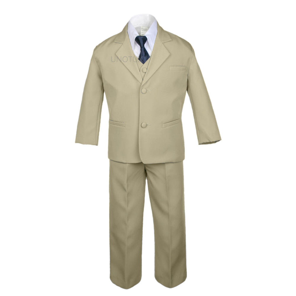 Leadertux 6pc S M L XL 2T 3T 4T Baby Toddler Boys Khaki Suits Tuxedo Formal Wedding Party Outfits Extra Navy Necktie Set