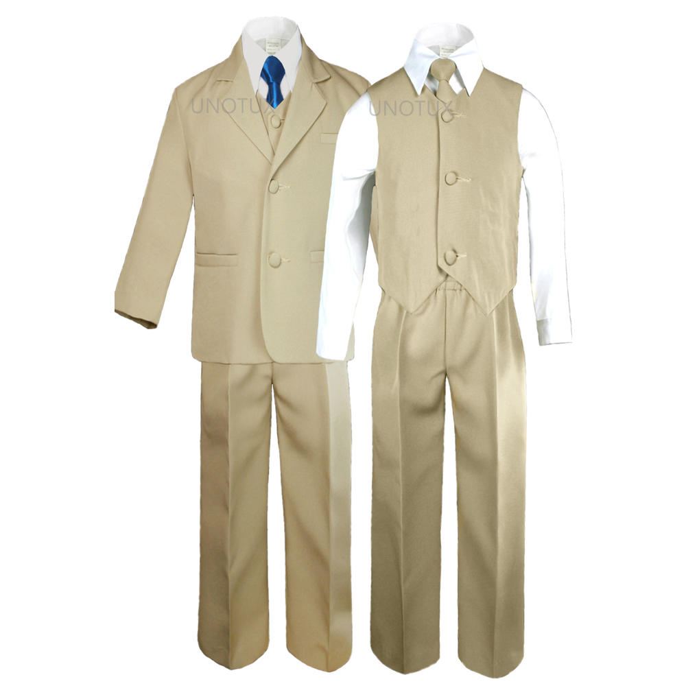 Leadertux S M L XL 2T 3T 4T Baby Toddler Khaki Taupe Formal Wedding Party Boy Suit Tuxedo Outfit 6pc Set + Satin Royal Blue Tie