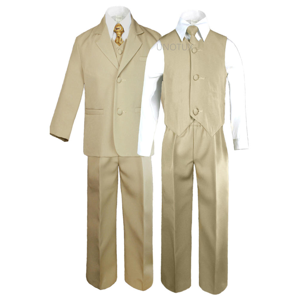 Leadertux S M L XL 2T 3T 4T Baby Toddler Khaki Taupe Formal Wedding Birthday Party Boy Suit Tuxedo Outfit 6pc Set + Fashion Tie