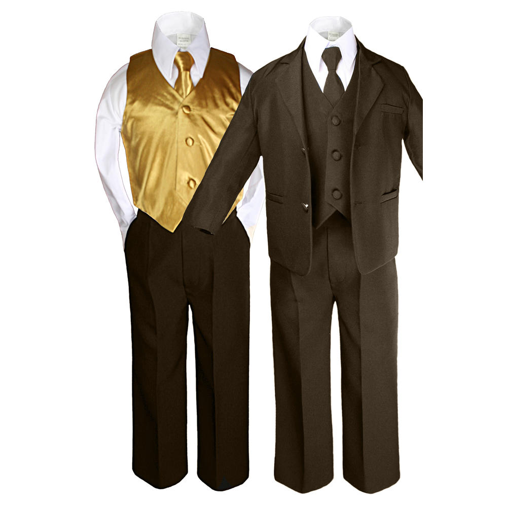 Leadertux 7pc S M L XL 2T 3T 4T Baby Toddler Boys Brown Suits Tuxedo Formal Wedding Party Outfits Extra Gold Necktie Vest Set
