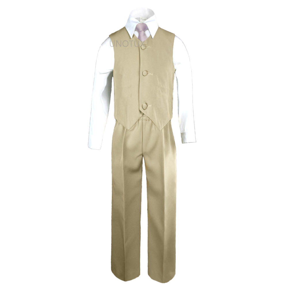 Leadertux S M L XL 2T 3T 4T Baby Toddler Khaki Taupe Formal Wedding Party Boy Suit Tuxedo Outfit 6pc Set + Satin Lilac Tie
