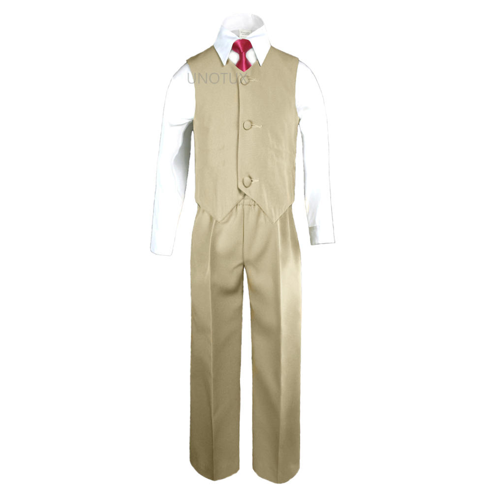 Leadertux 5 6 7 8 10 12 14 16 18 20 Child Kid Khaki Formal Wedding Party Boy Suit Tuxedo Outfit 6pc Set + Satin Fuchsia Tie