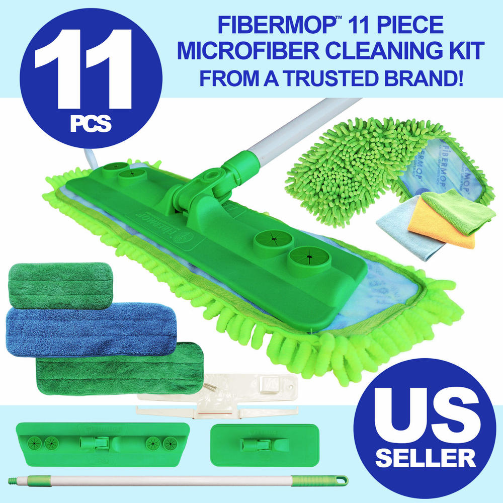 Fibermop 11 Piece Microfiber Mop Cleaning Kit 4 Pads, 3 Cloths, Wall Mount Unit
