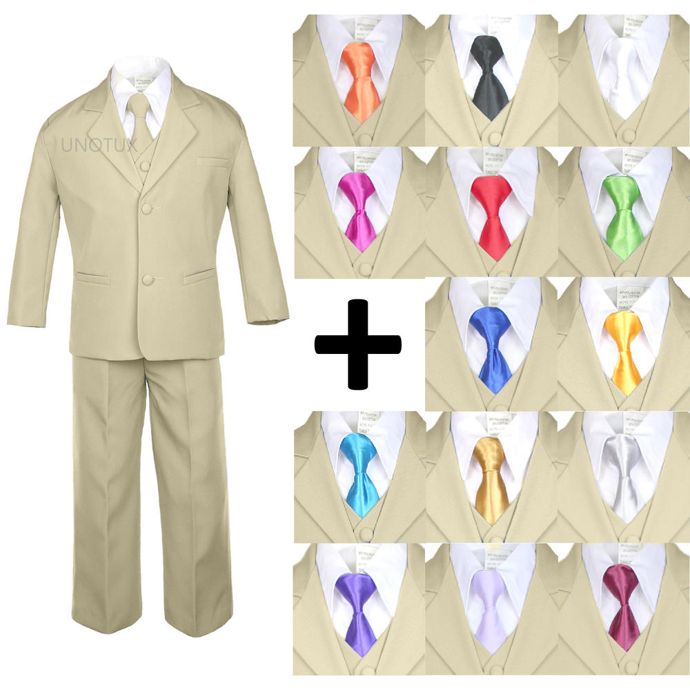 Leadertux S M L XL 2T 3T 4T Baby Toddler Khaki  Formal Wedding Party Boy Suit Tuxedo Outfit 6pc Set + Satin Gold Tie