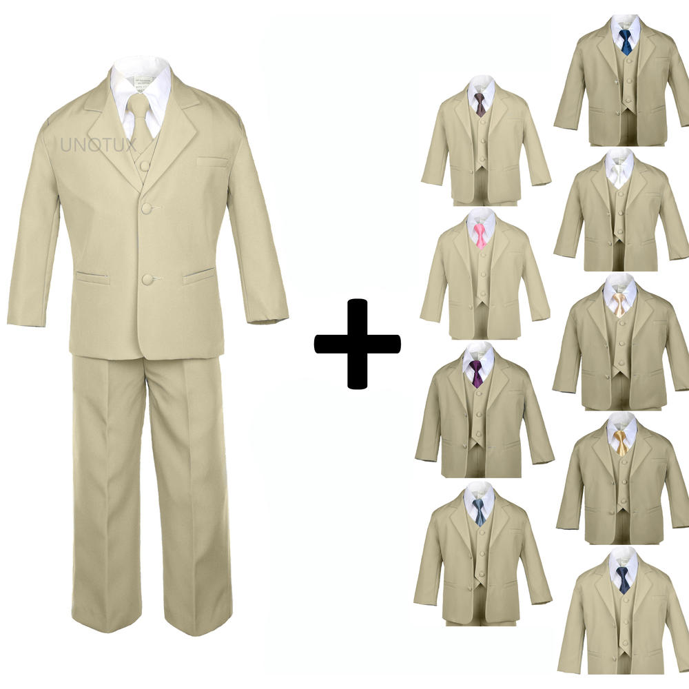 Leadertux 5 6 7 8 10 12 14 16 18 20 Child Kid Khaki Formal Wedding Party Boy Suit Tuxedo Outfit 6pc Set + Satin Fuchsia Tie