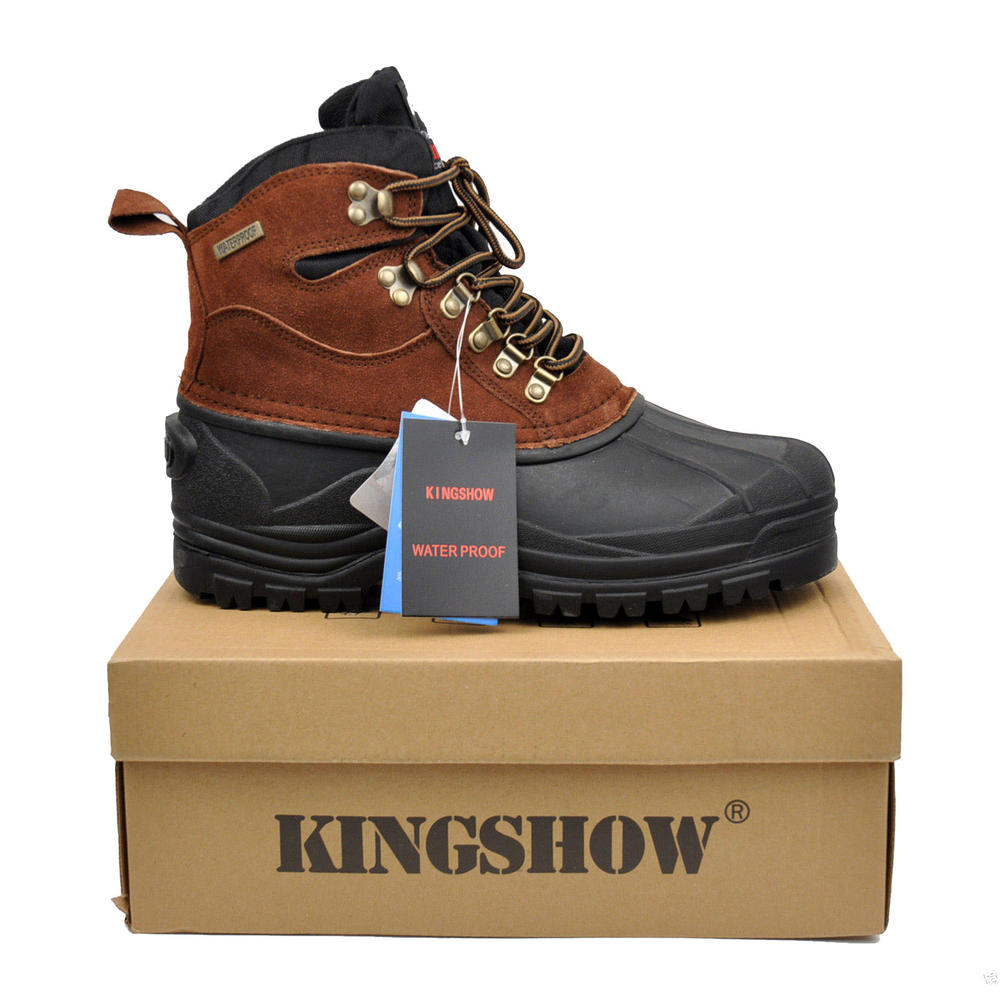 Kingshow Men's Brown Winter Snow Boots Shoes Genuine Leather Waterproof Size 6