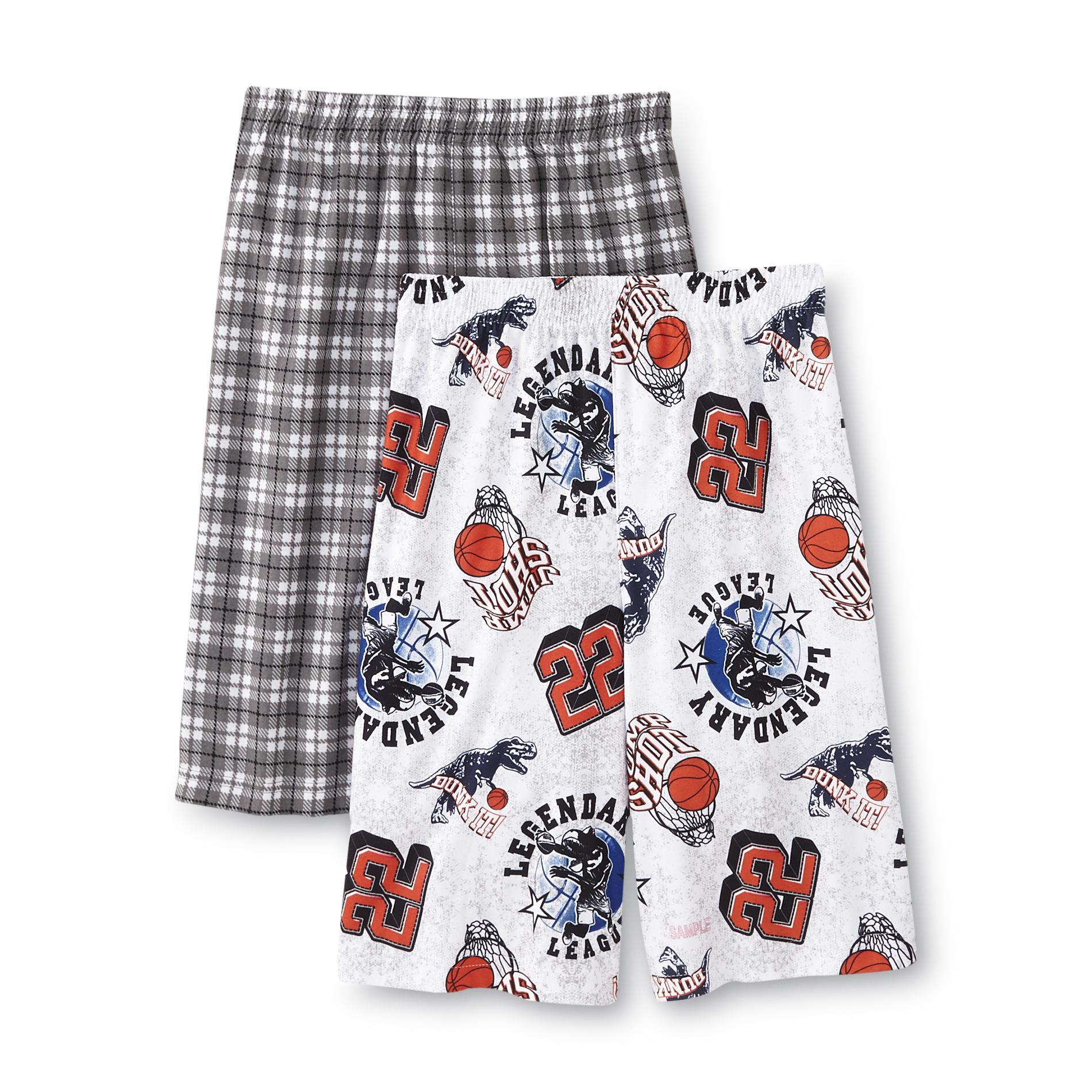 Boy's 2-Pairs Flannel Lounge Shorts - Basketball & Plaid