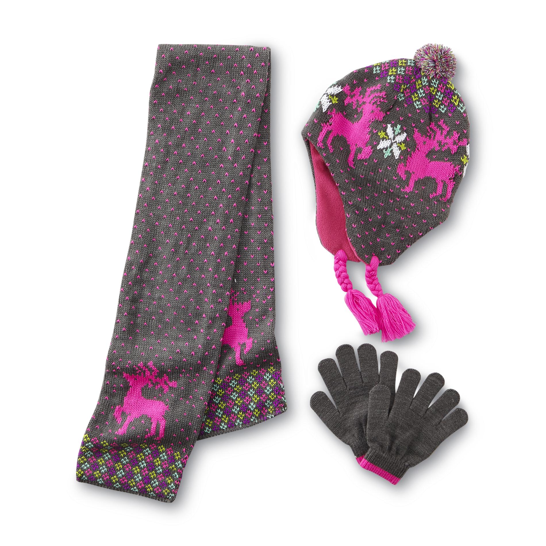 Girl's Hat  Scarf & Gloves - Reindeer