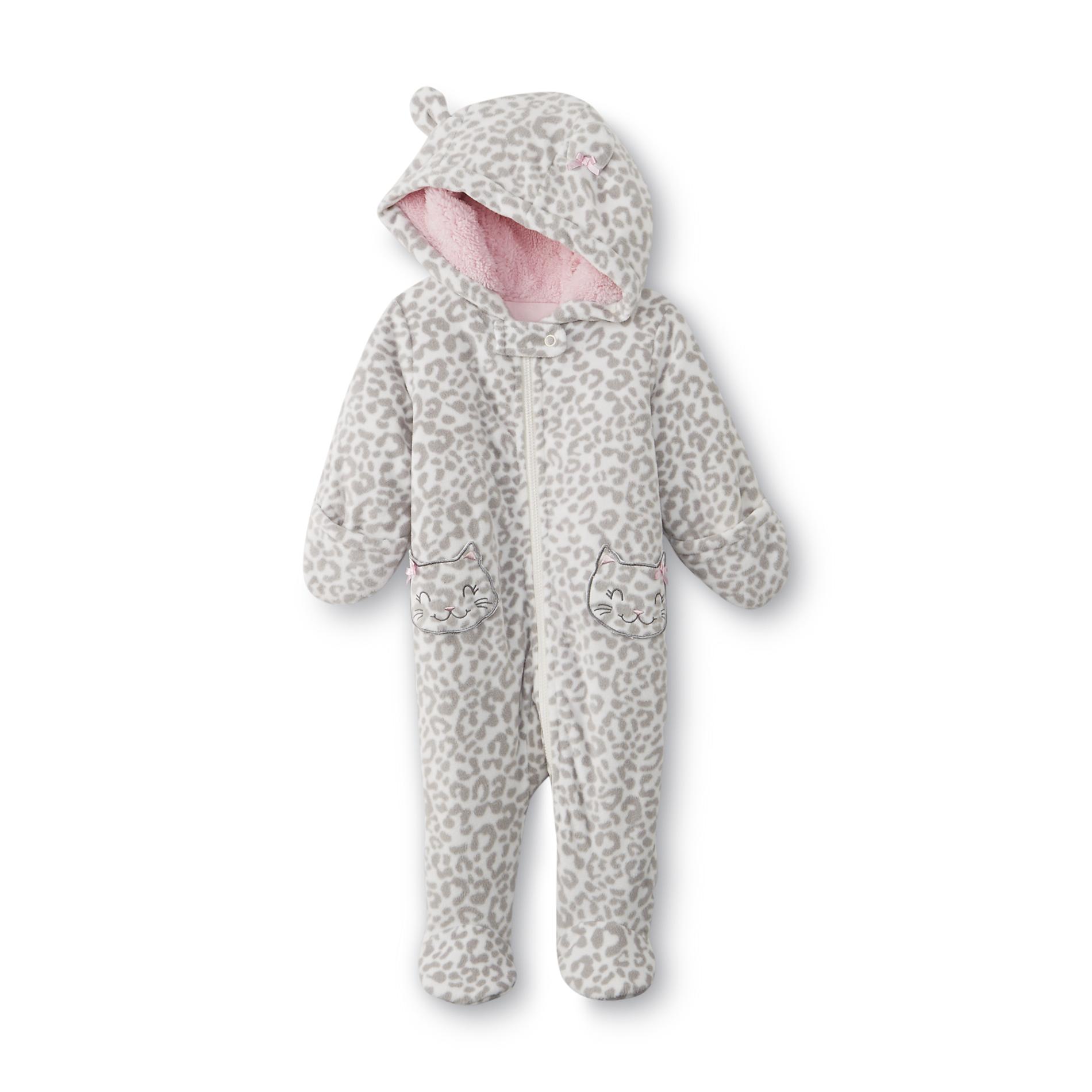 Newborn & Infant Girl's Fleece Hooded Pram Suit - Kitten