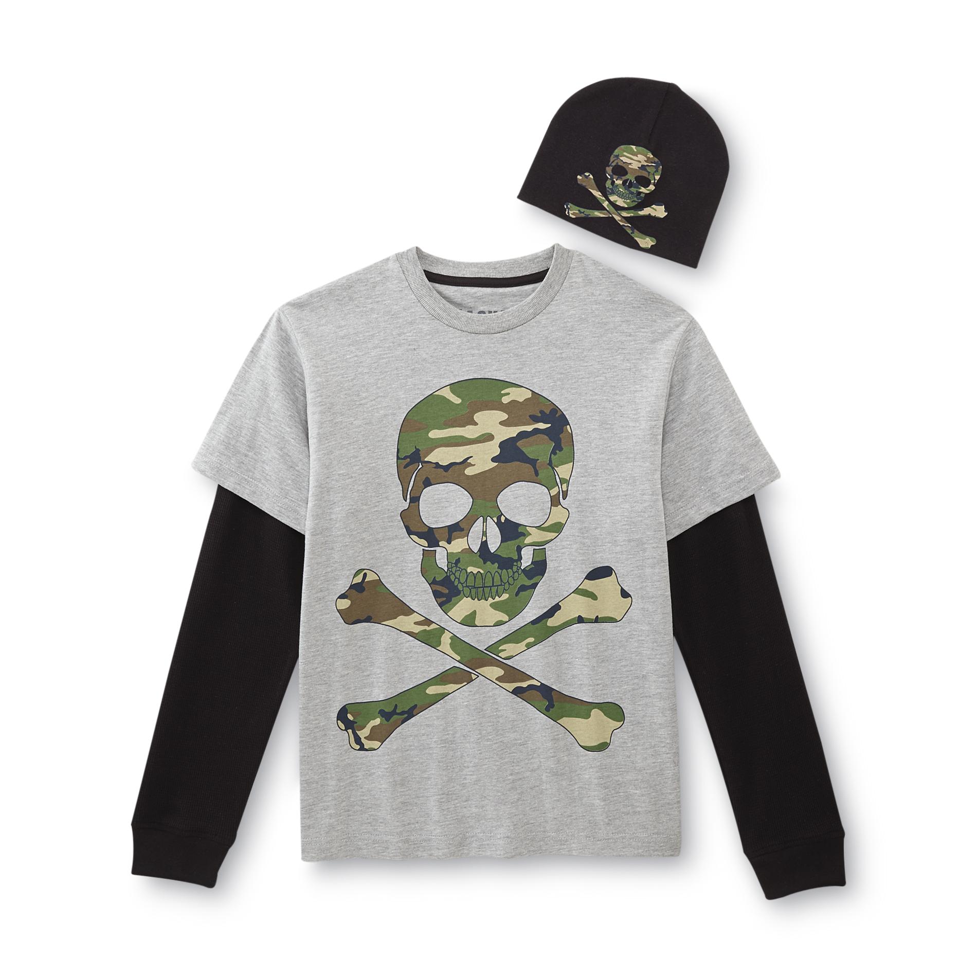 Boy's Layered-Look Graphic T-Shirt & Beanie - Camo Skull