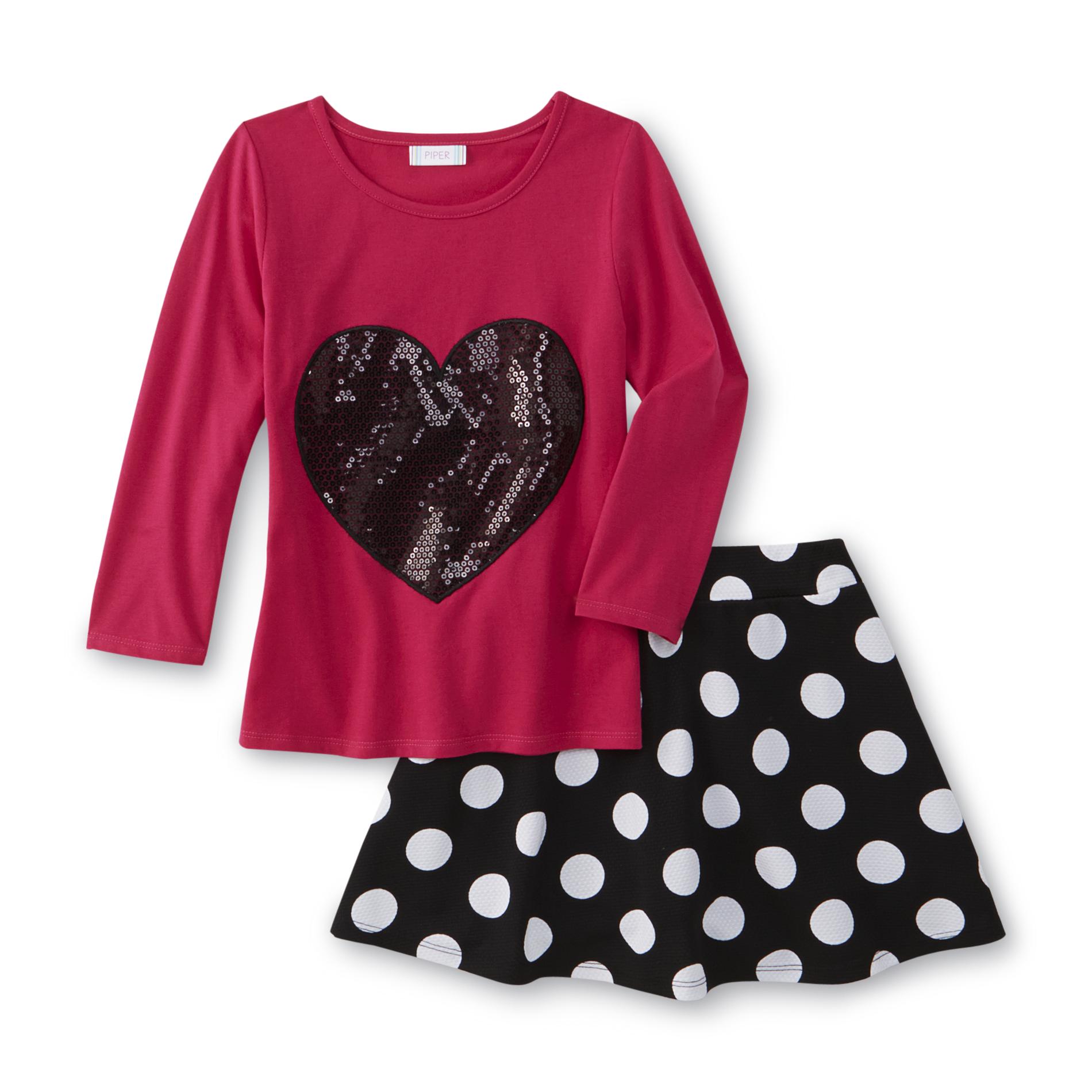 Girl's Graphic T-Shirt & Skirt - Heart & Polka Dot