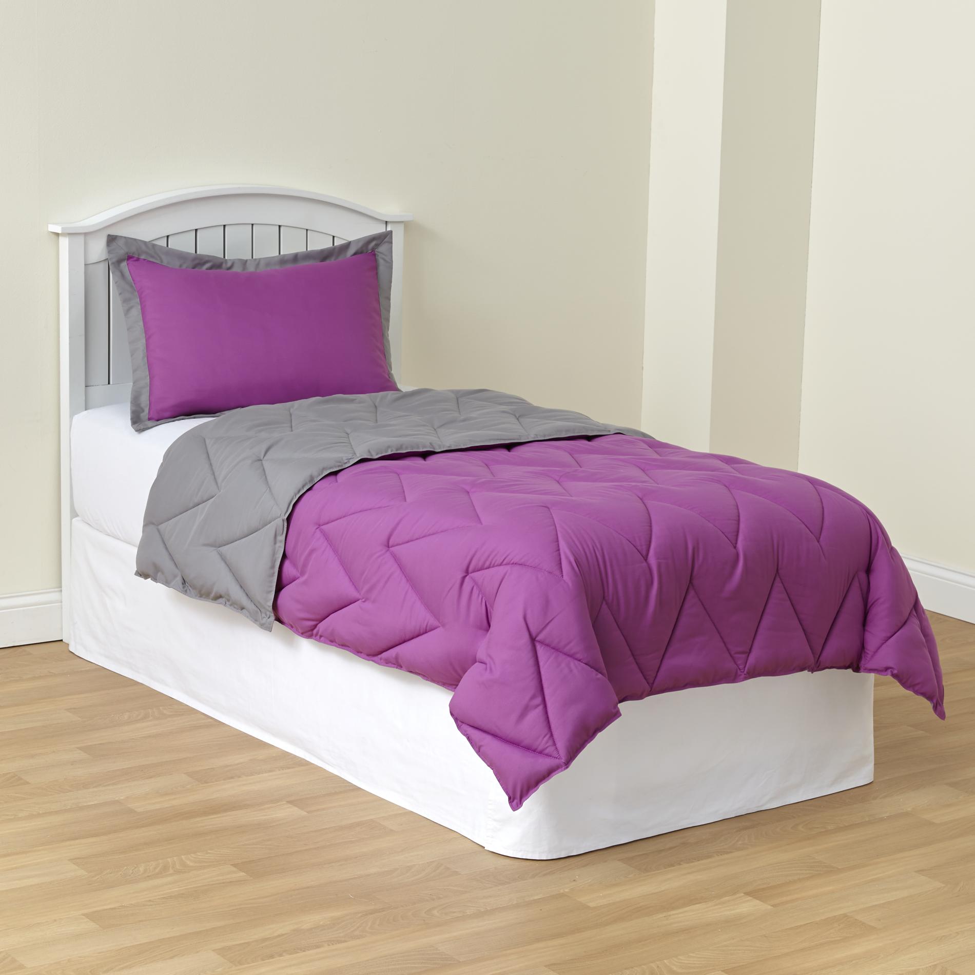 Reversible Quilted Comforter & Sham - Purple/Silver