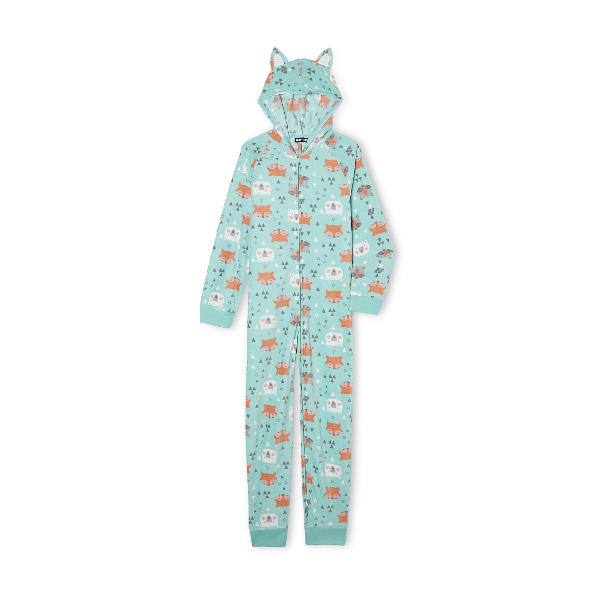 Joe Boxer Girl's Hooded One-Piece Fleece Pajamas - Forest Animals