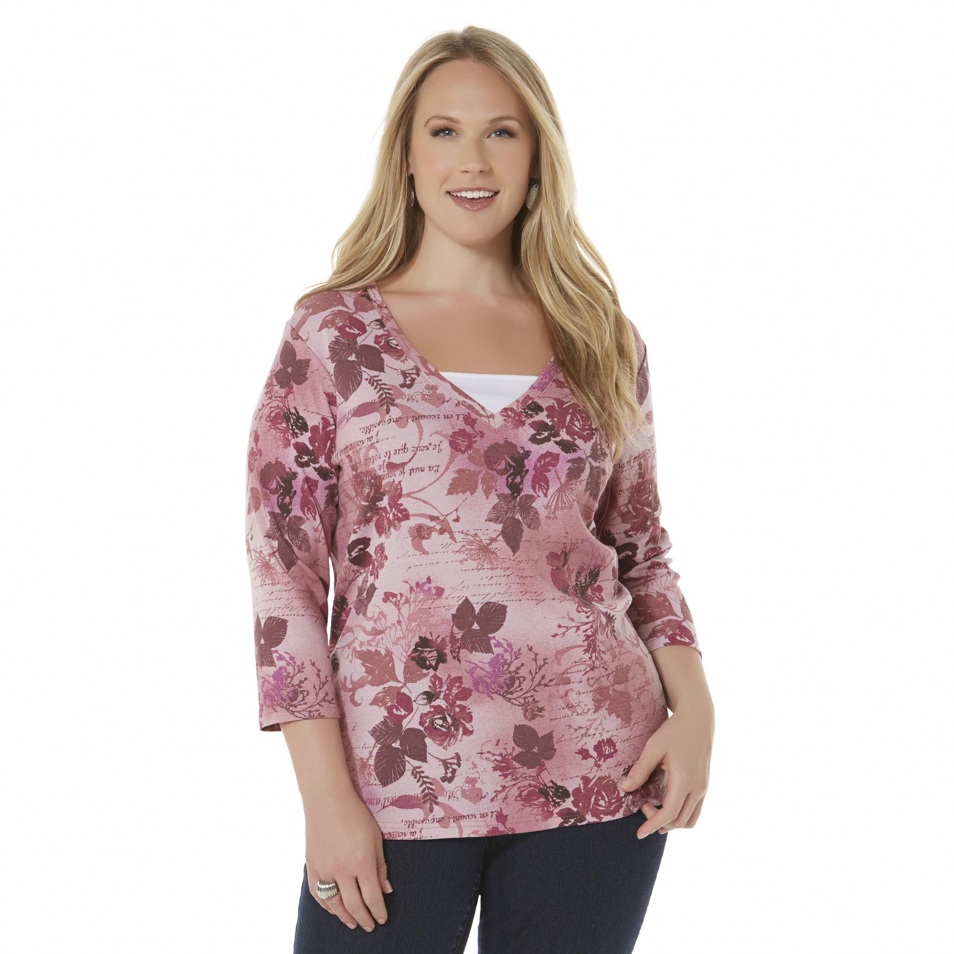 Women's Plus Layered-Look Top - Floral & Calligraphy Print