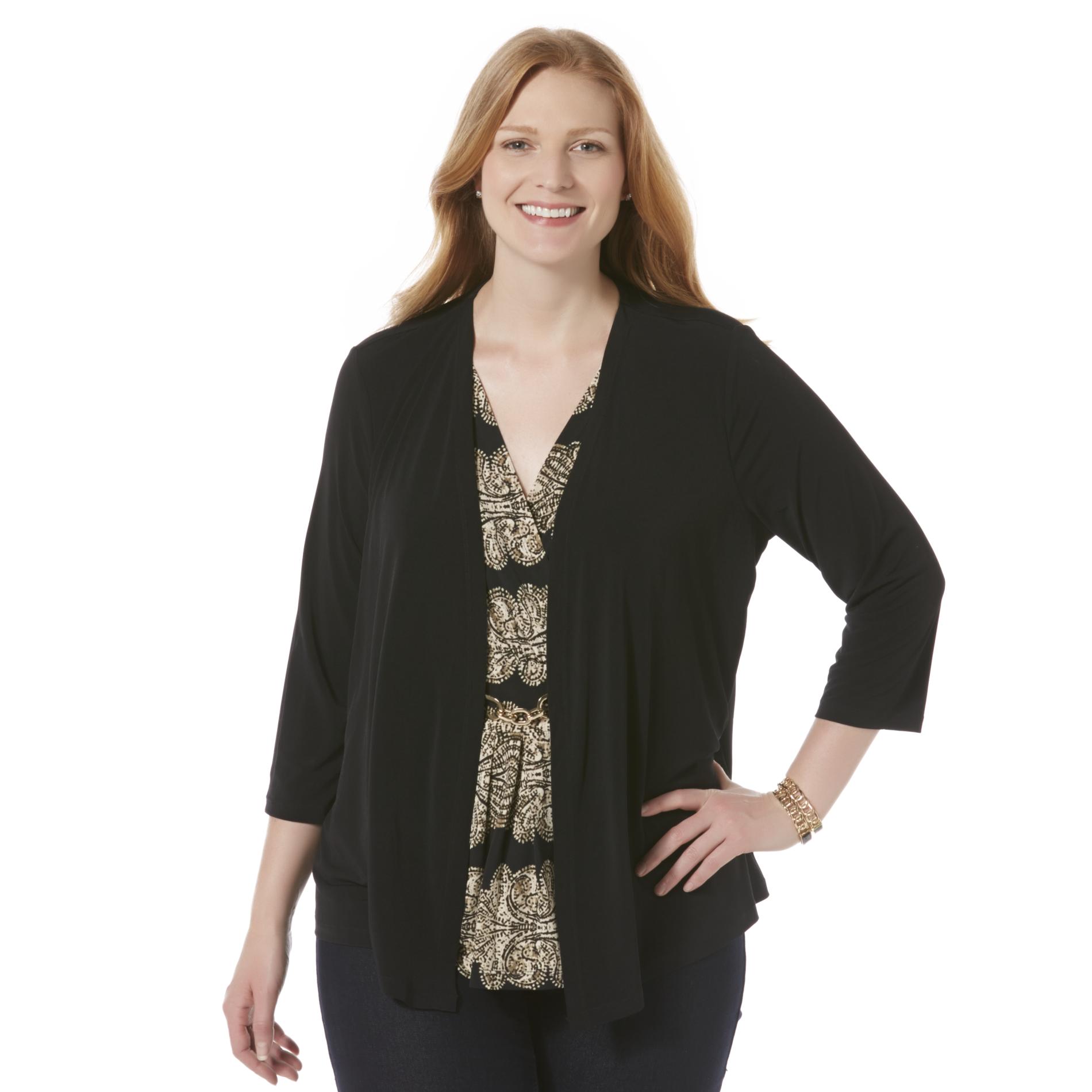 Jaclyn Smith Women's Plus LayeredLook Top Abstract Clothing, Shoes