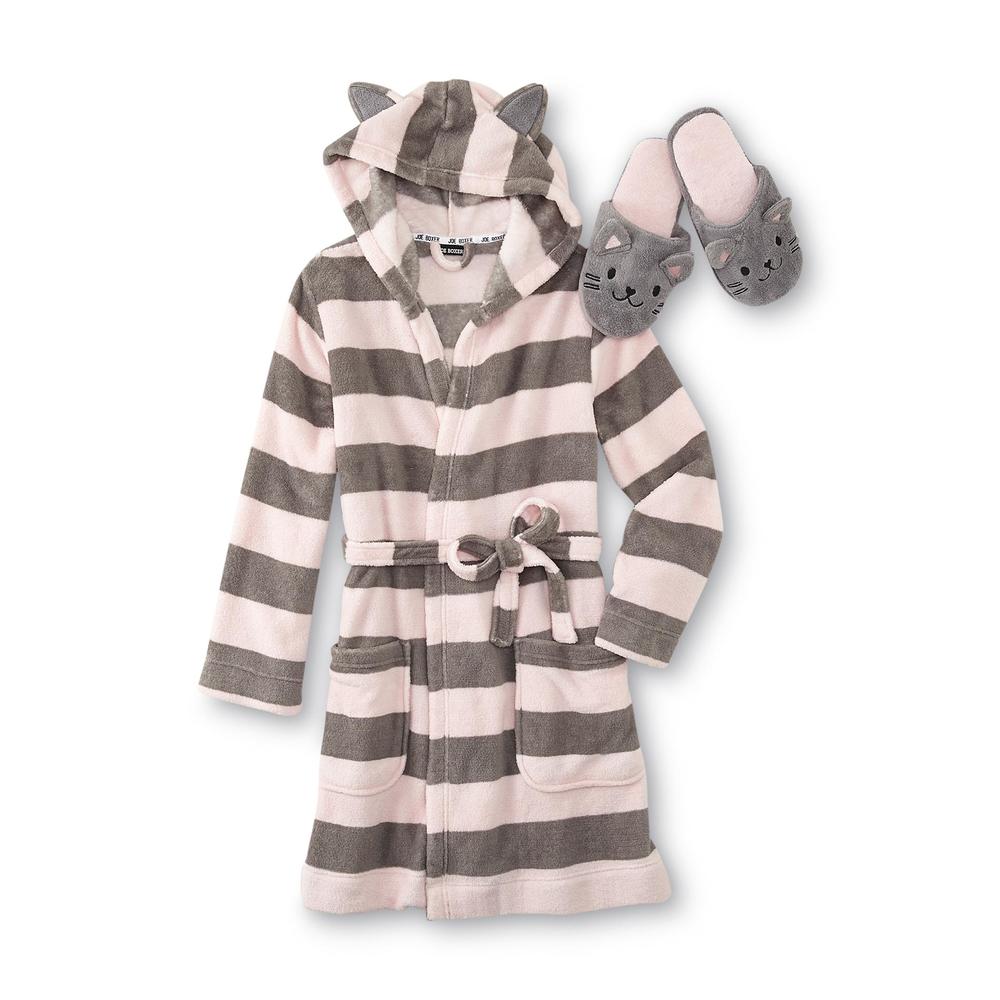 Women's Fleece Bathrobe & Slippers - Striped Cat