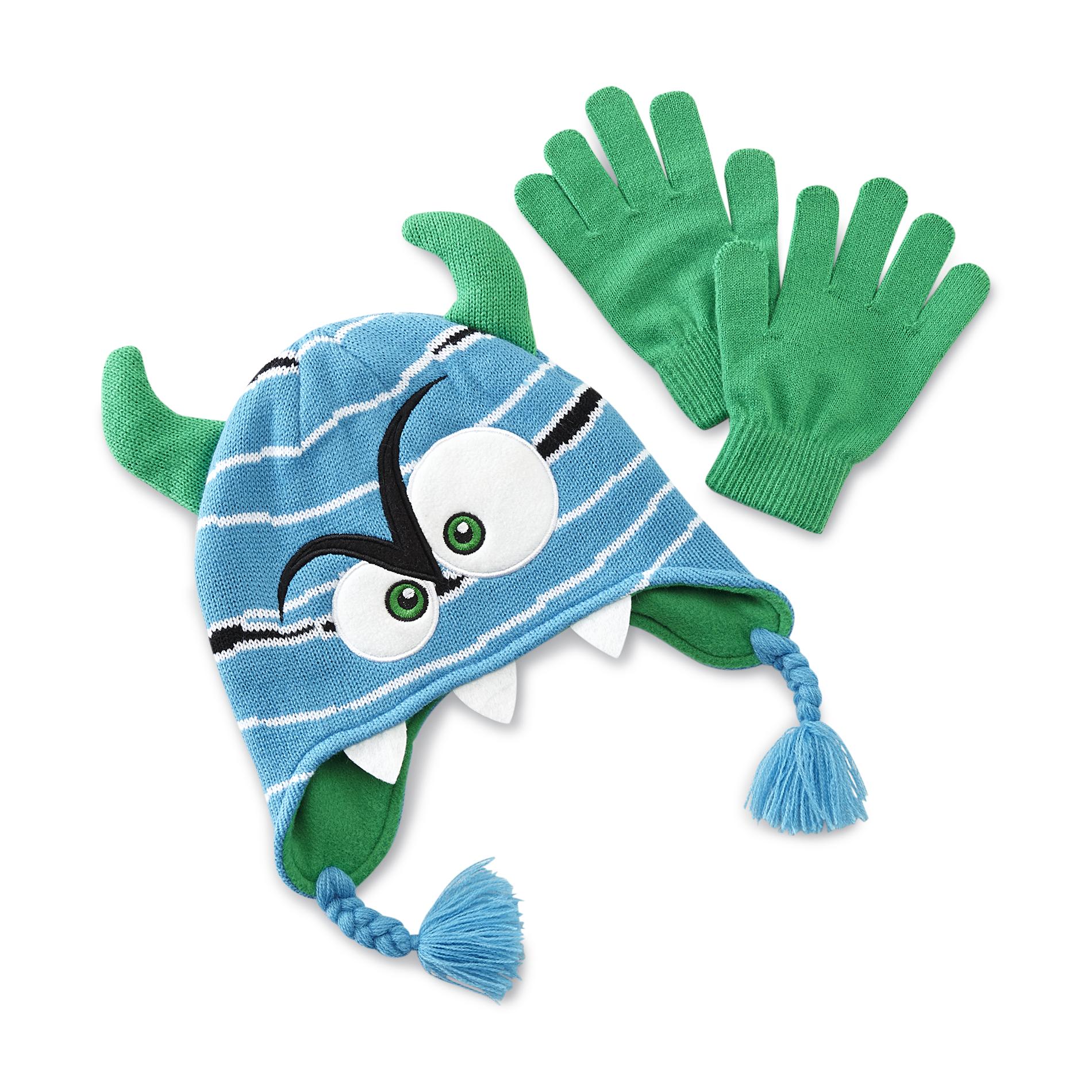 Boy's Fleece-Lined Winter Hat & Gloves - Striped Monster