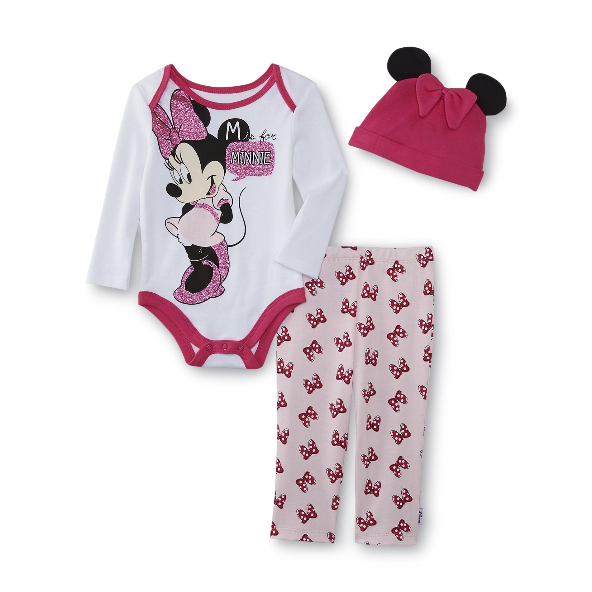 Minnie Mouse Newborn Girl's Bodysuit  Knit Pants & Hat