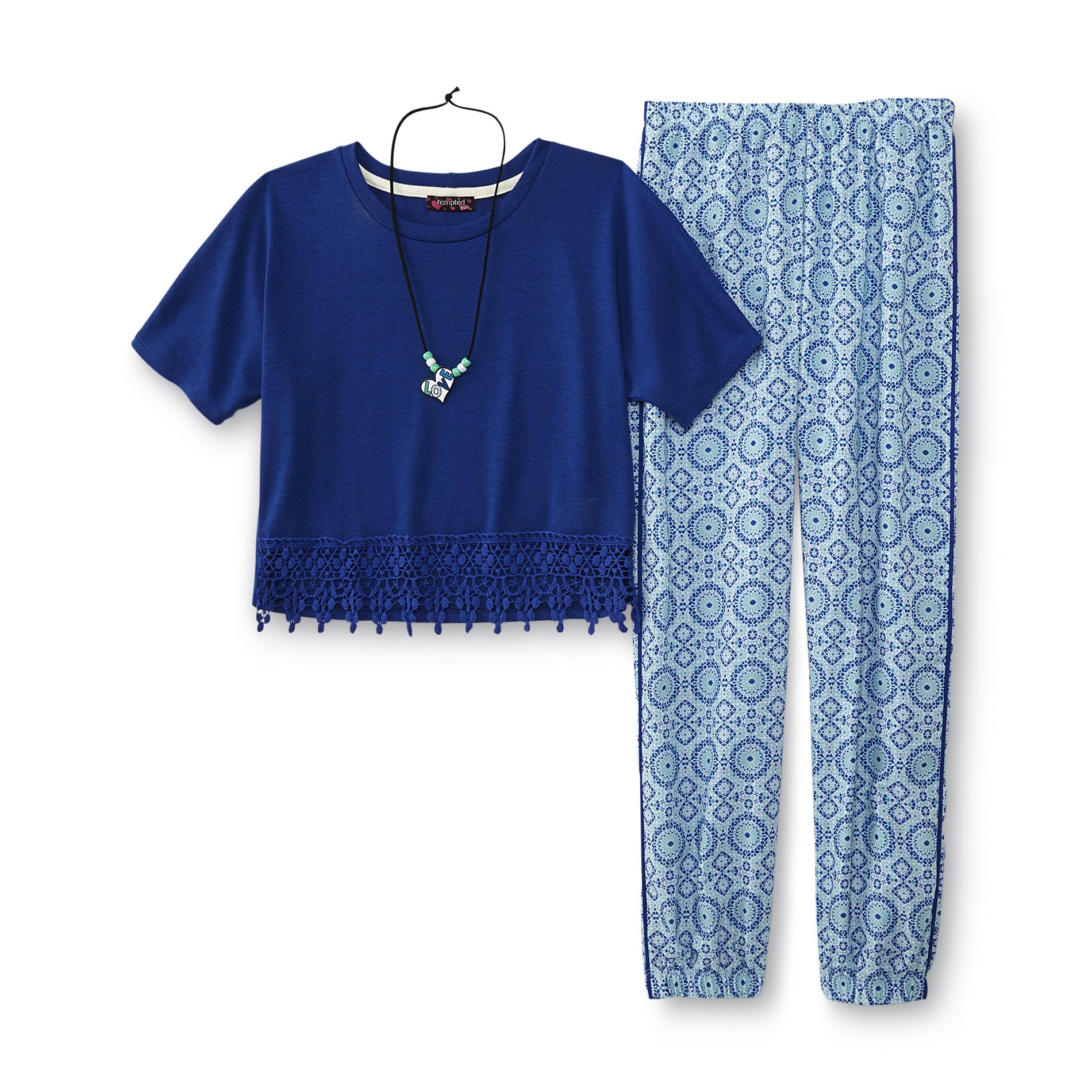 Girl's Top, Jogger Pants & Necklace - Medallion Print
