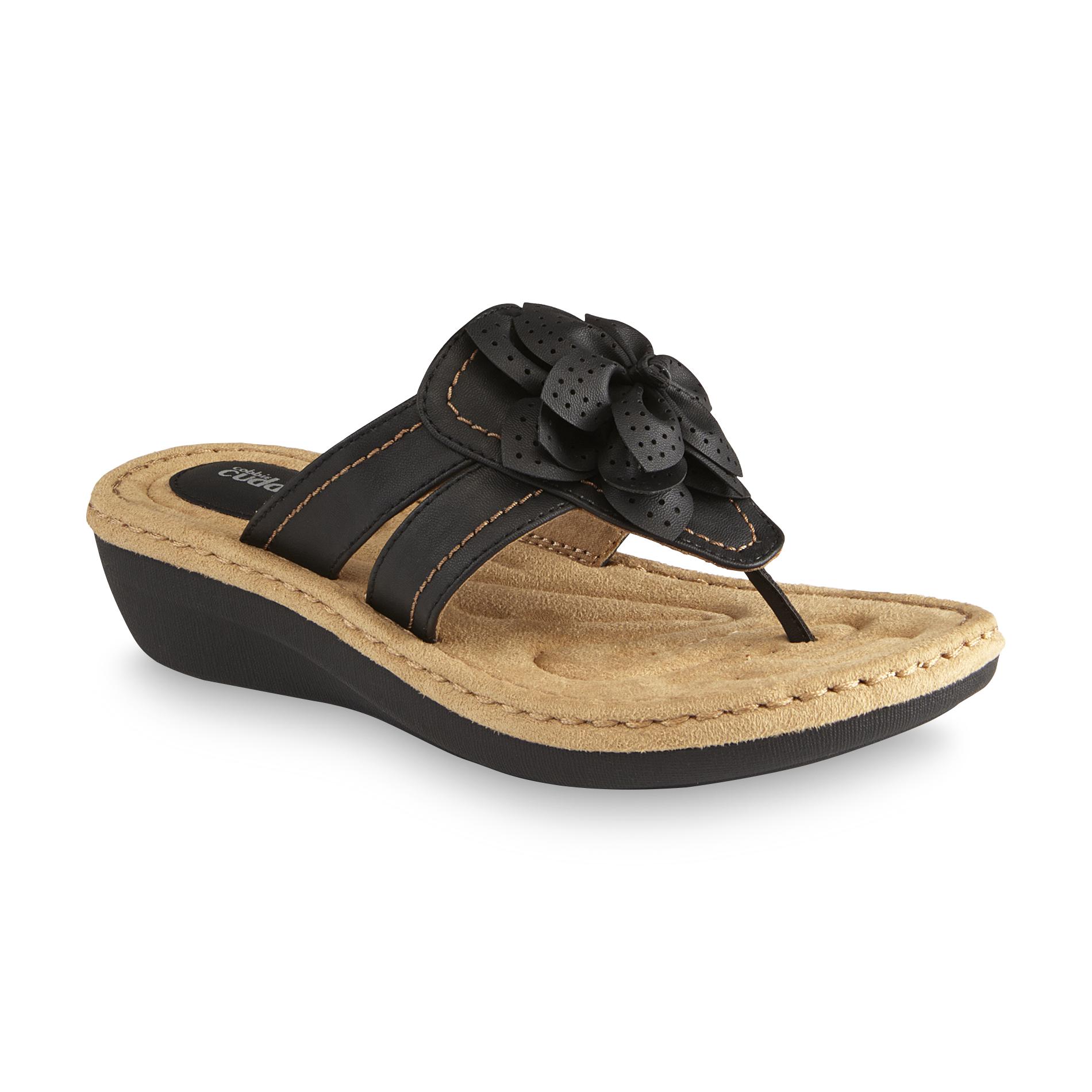 Cobbie Cuddlers Women's Reginy Black Wedge Thong Sandal Wide Width