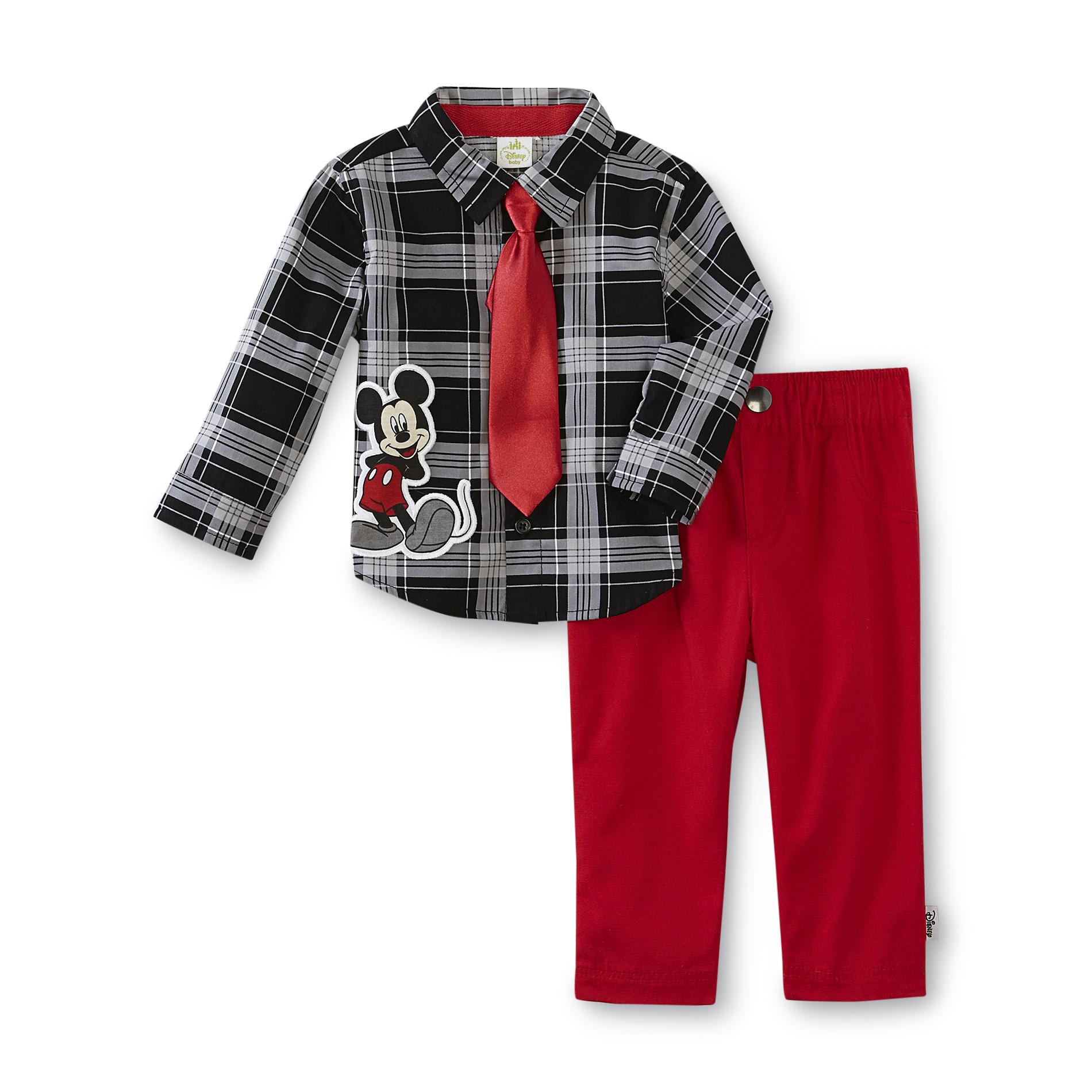 Mickey Mouse Newborn Boy's Shirt, Necktie & Pants - Plaid