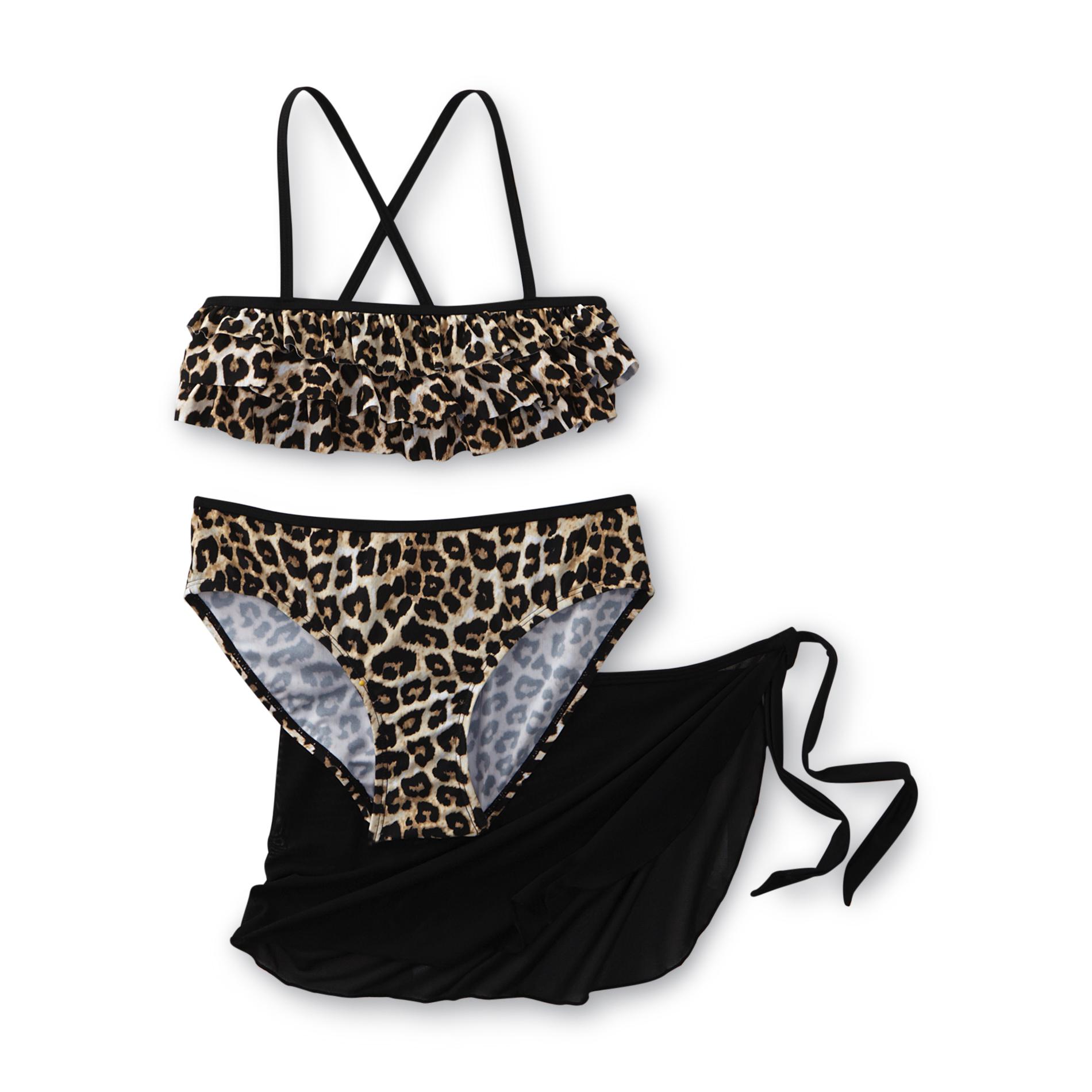 Girl's Bandeau Bikini Top, Bottoms & Cover-Up - Leopard Print