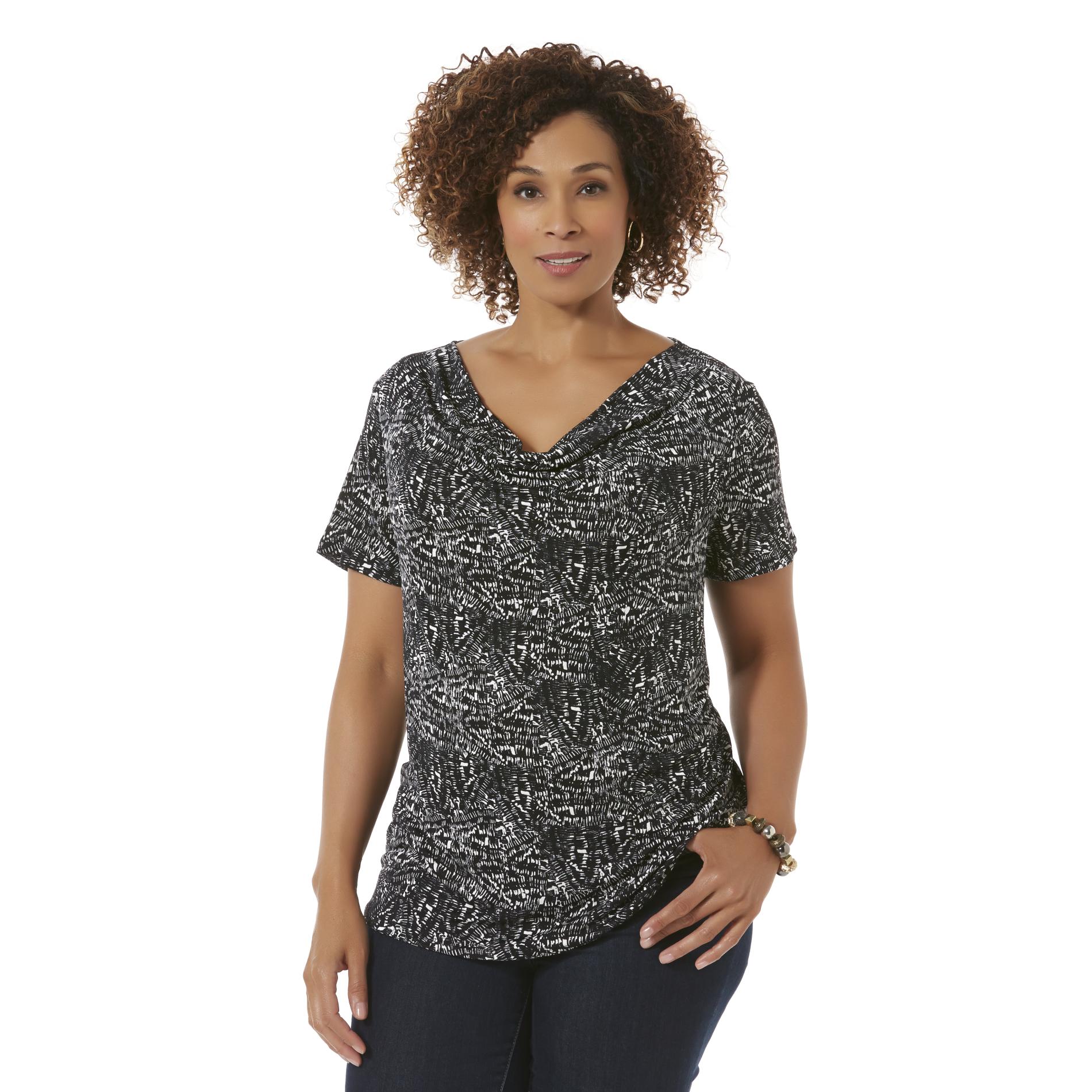 Jaclyn Smith Women's Plus Cowl Neck Top Ink Print Clothing, Shoes