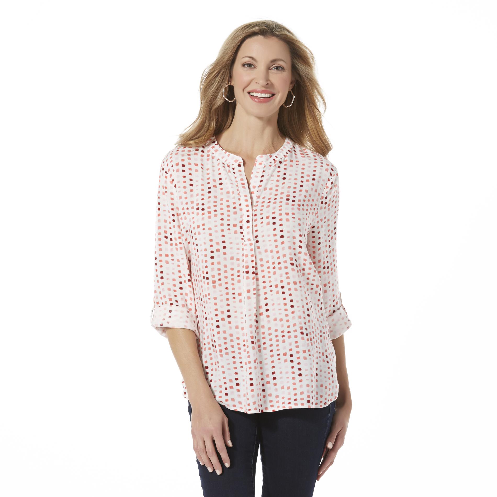 Basic Editions Women's RollTab Sleeve Blouse Dots Clothing, Shoes & Jewelry Clothing