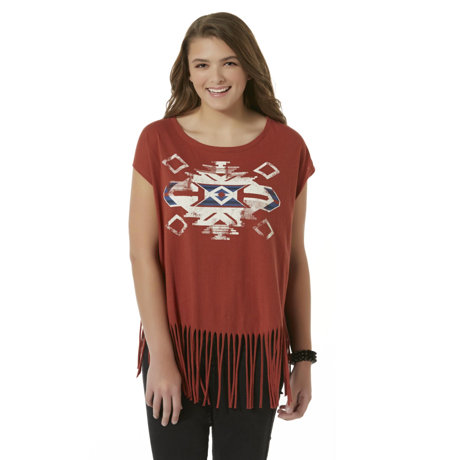 Junior's Plus Sleeveless Fringe T-Shirt - Tribal Print