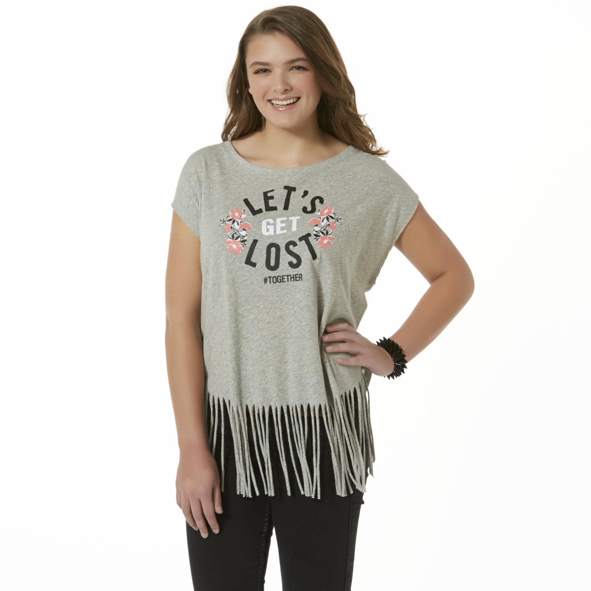 Junior's Plus Sleeveless Fringe T-Shirt - Let's Get Lost