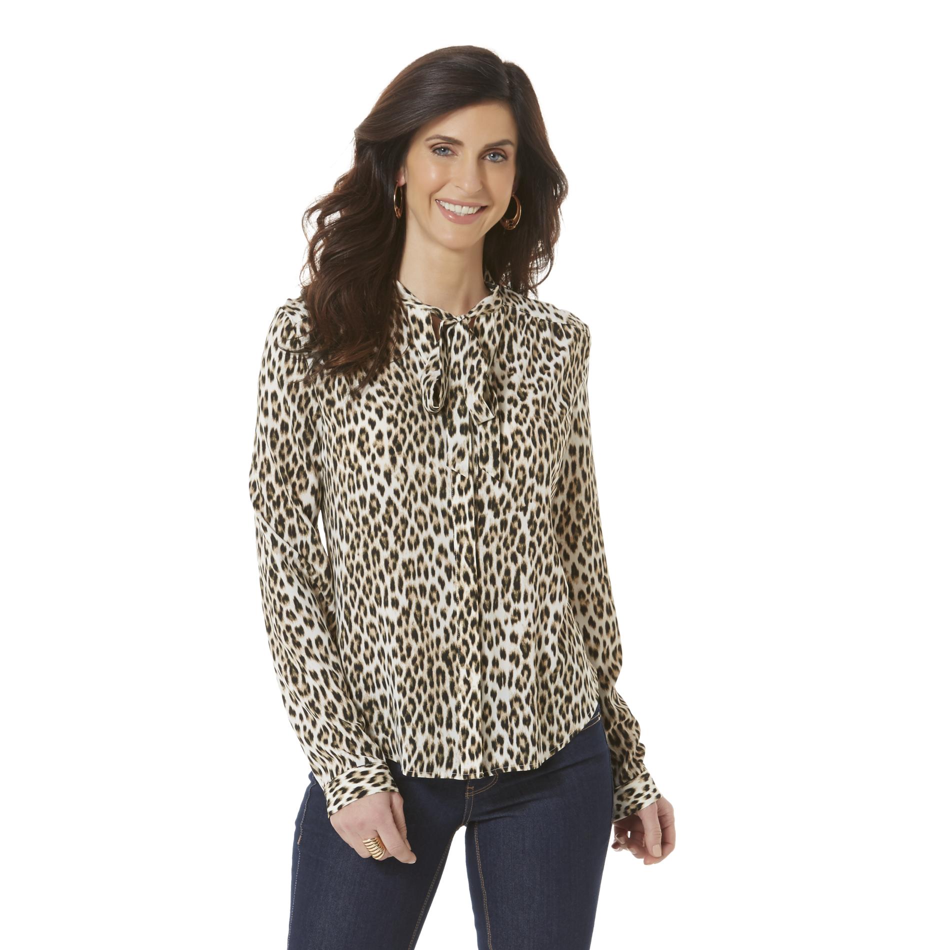 Jaclyn Smith Women's Tie Neck Blouse Leopard Print Kmart