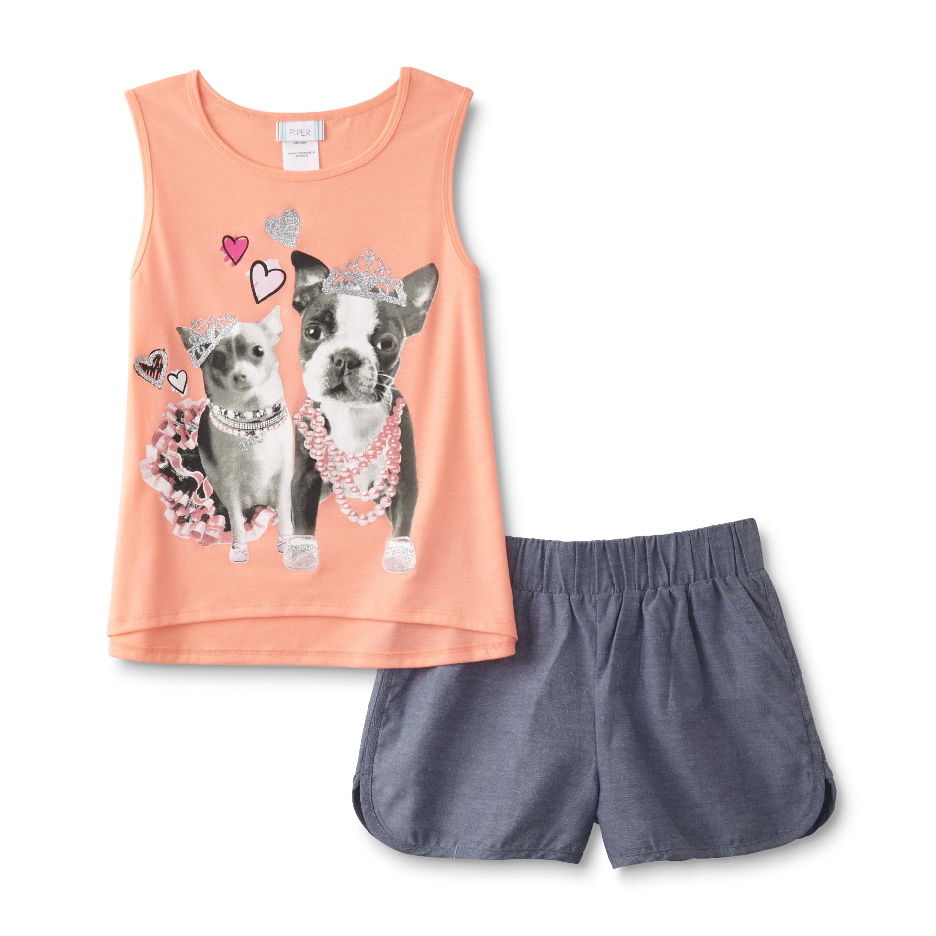Girl's Graphic Tank Top & Shorts - Dogs