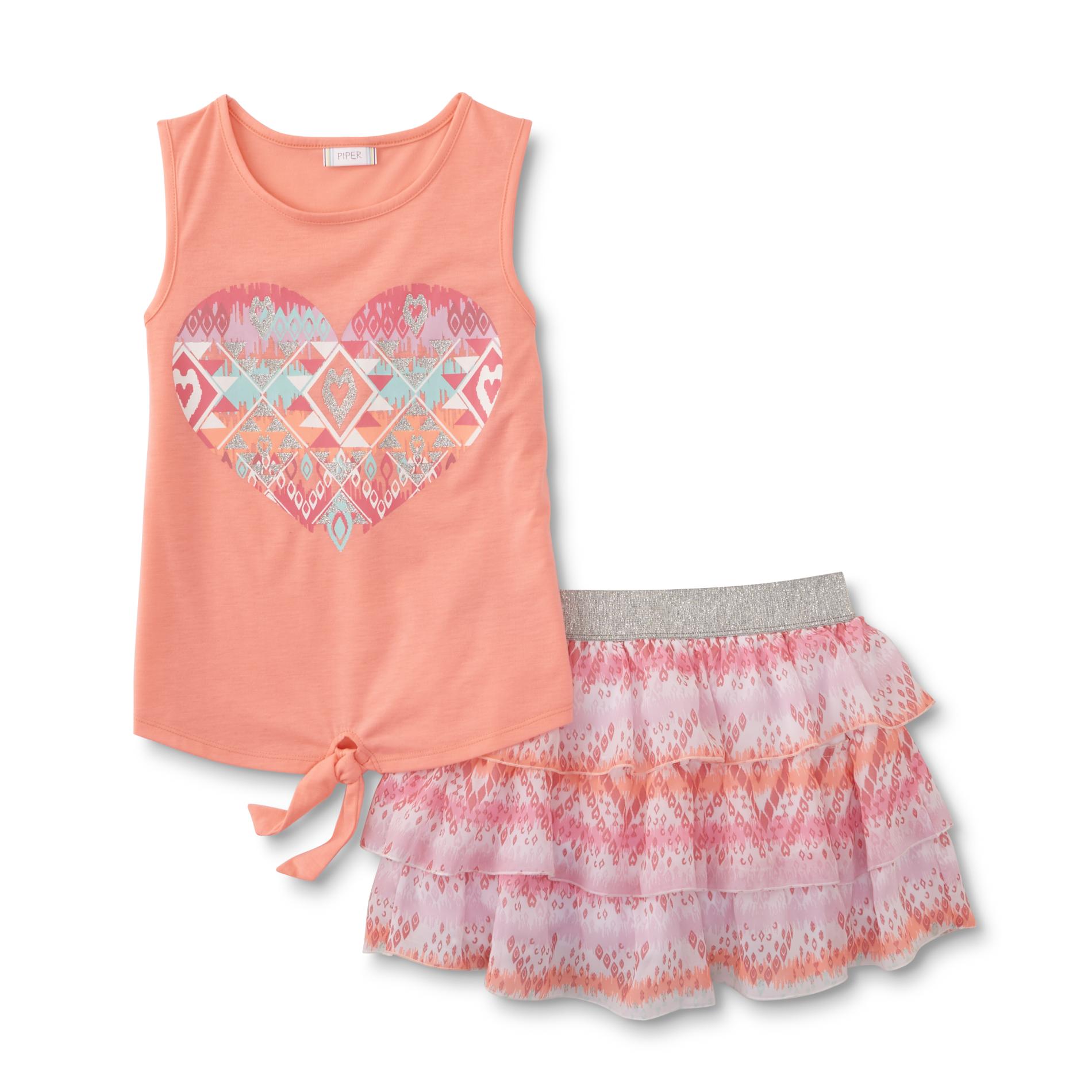 Girl's Graphic Tank Top & Flounced Scooter Skirt