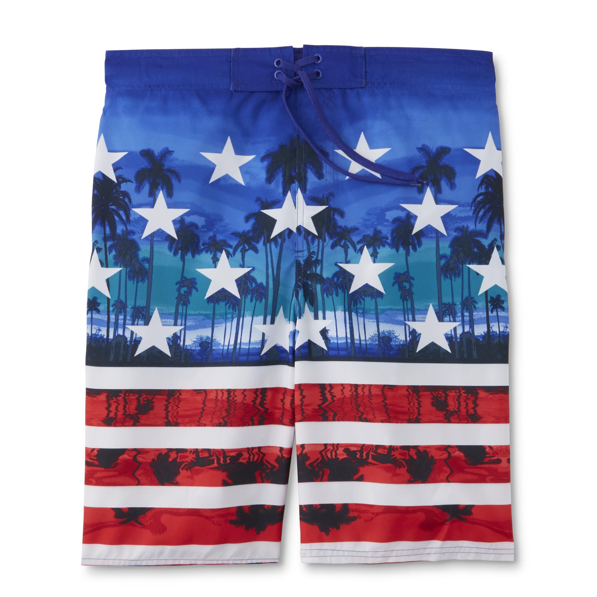Route 66 Men's Swim Boardshorts - Tropical Stars & Stripes, Size: Medium, Multi-Color Route 66 Men's Swim Boardshorts - Tropical Stars & Stripes, Size: Medium, Multi-Color