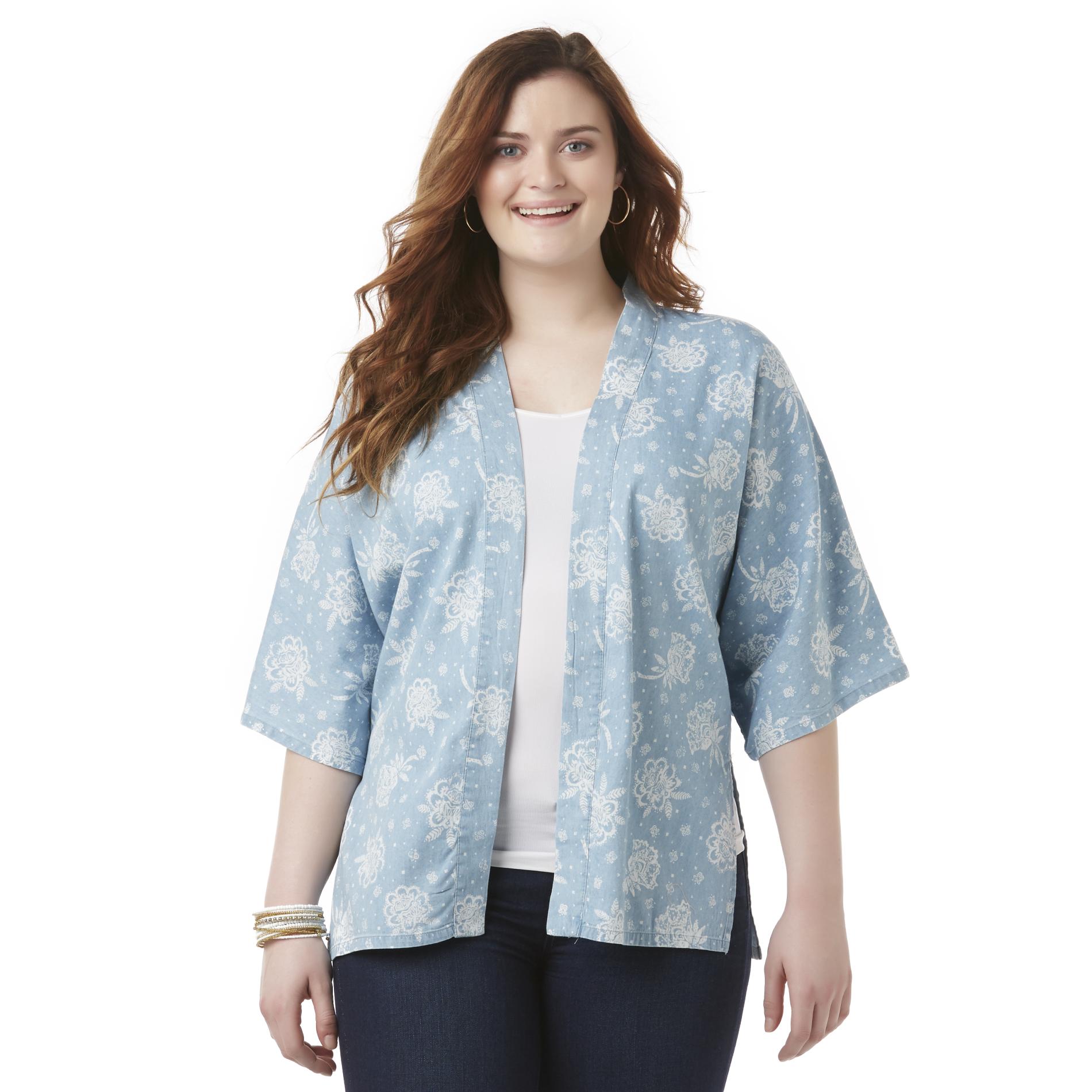 Junior's Plus Chambray Flyaway-Front Cardigan - Floral