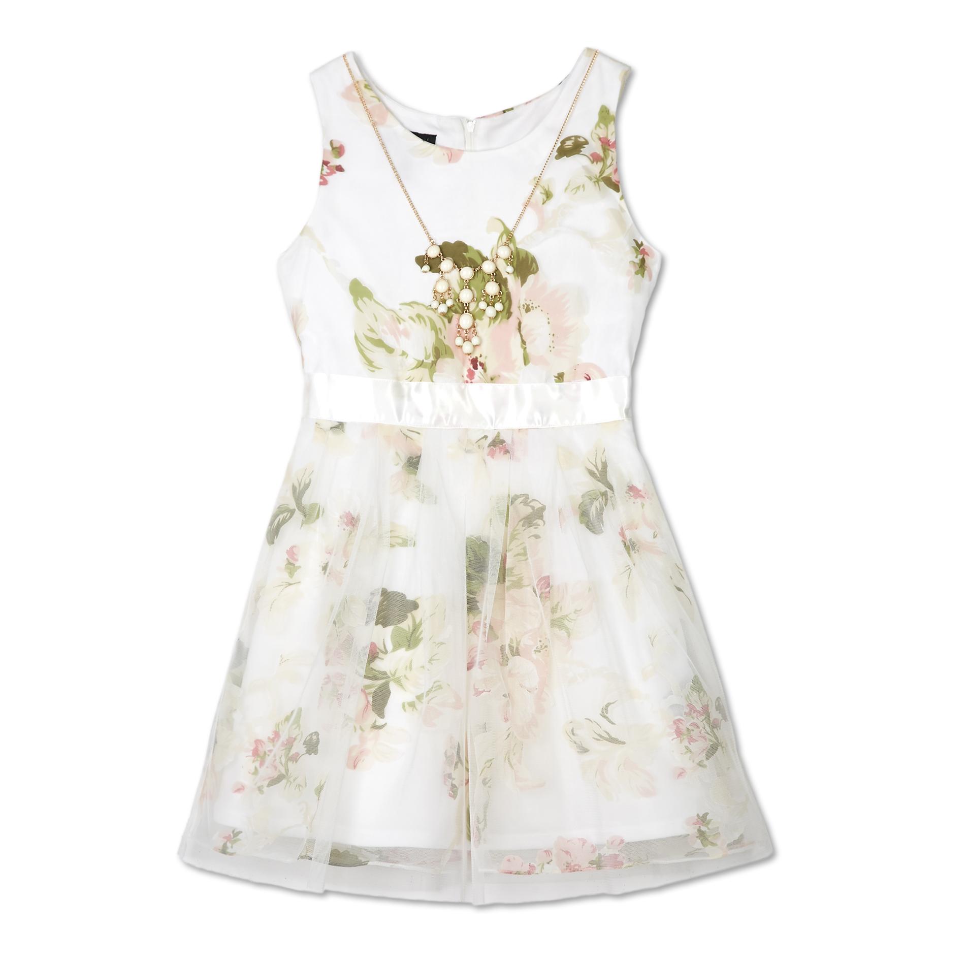 Girl's Sleeveless Dress & Necklace - Floral