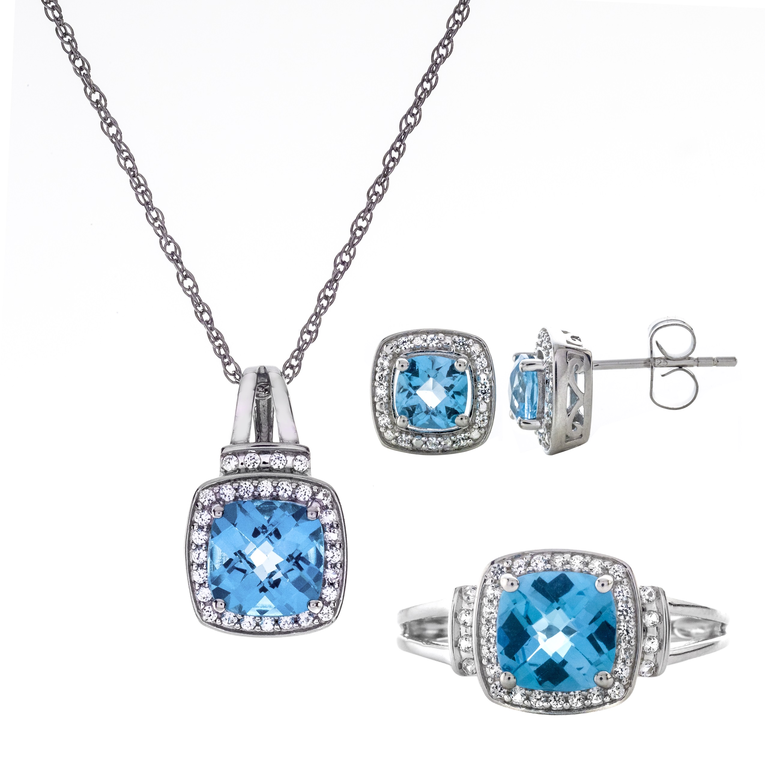3 Piece Sterling Silver Blue Topaz Earring  Pendant and Ring Set